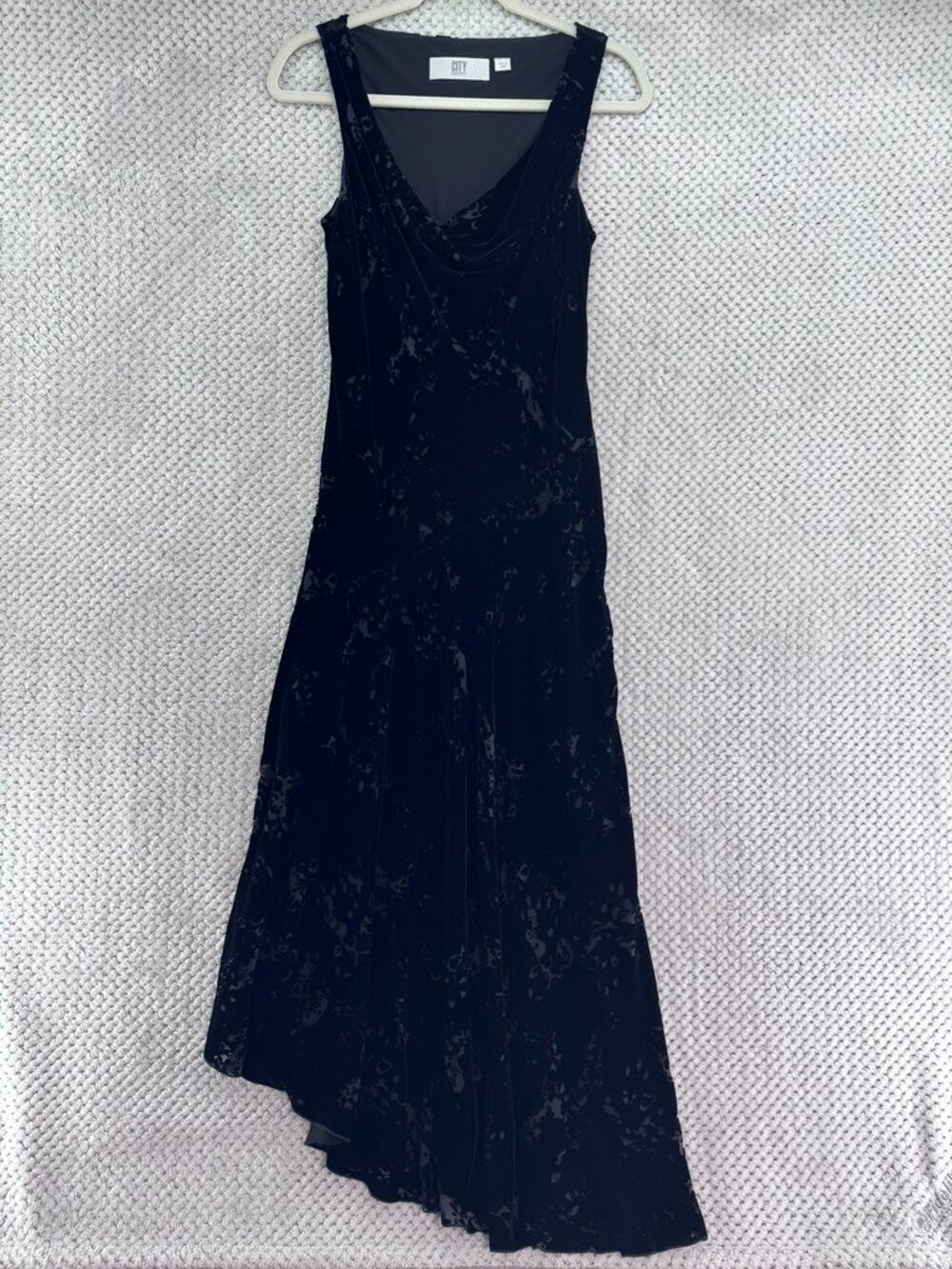 City DKNY Dress Women 8 Black Velvet Burnout Maxi Cowl VNeck Asymmetric Goth Y2K